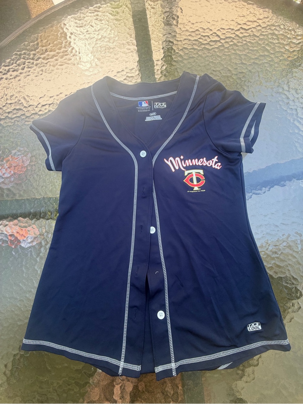 MLB Navy Blue Button-Up Jersey Top with White Stitching